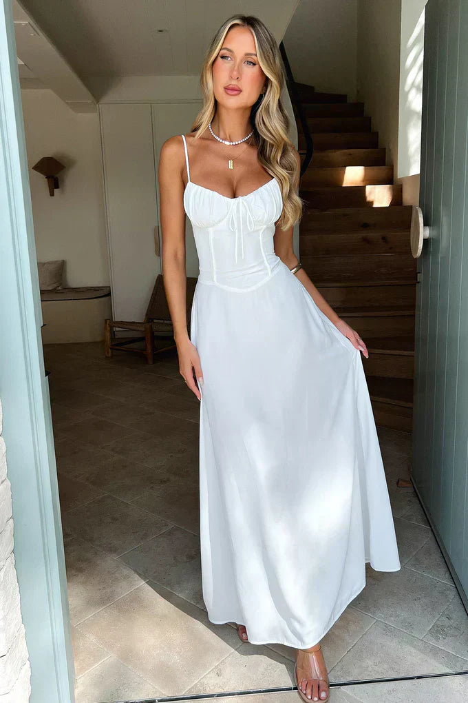 Lara - Elegant Women's Wedding Guest Maxi Dress with Corset Bodice and Spaghetti Straps