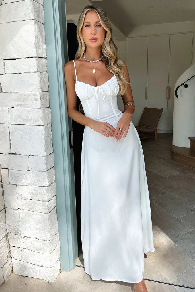 Lara - Elegant Women's Wedding Guest Maxi Dress with Corset Bodice and Spaghetti Straps