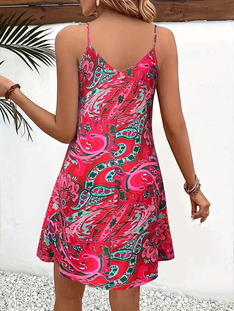 Lena - Boho Women's Summer Mini Dress with V Neck and Paisley Print and Spaghetti Straps