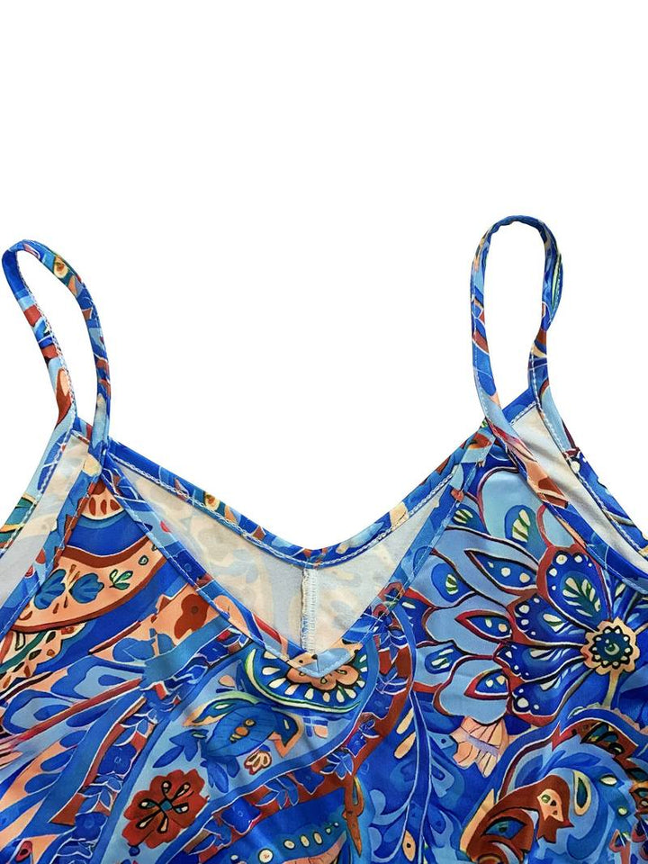 Lena - Boho Women's Summer Mini Dress with V Neck and Paisley Print and Spaghetti Straps