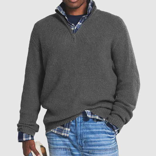 Leo - Men's Knitted Jumper Smart Casual with Quarter Zip and Ribbed Funnel Neck