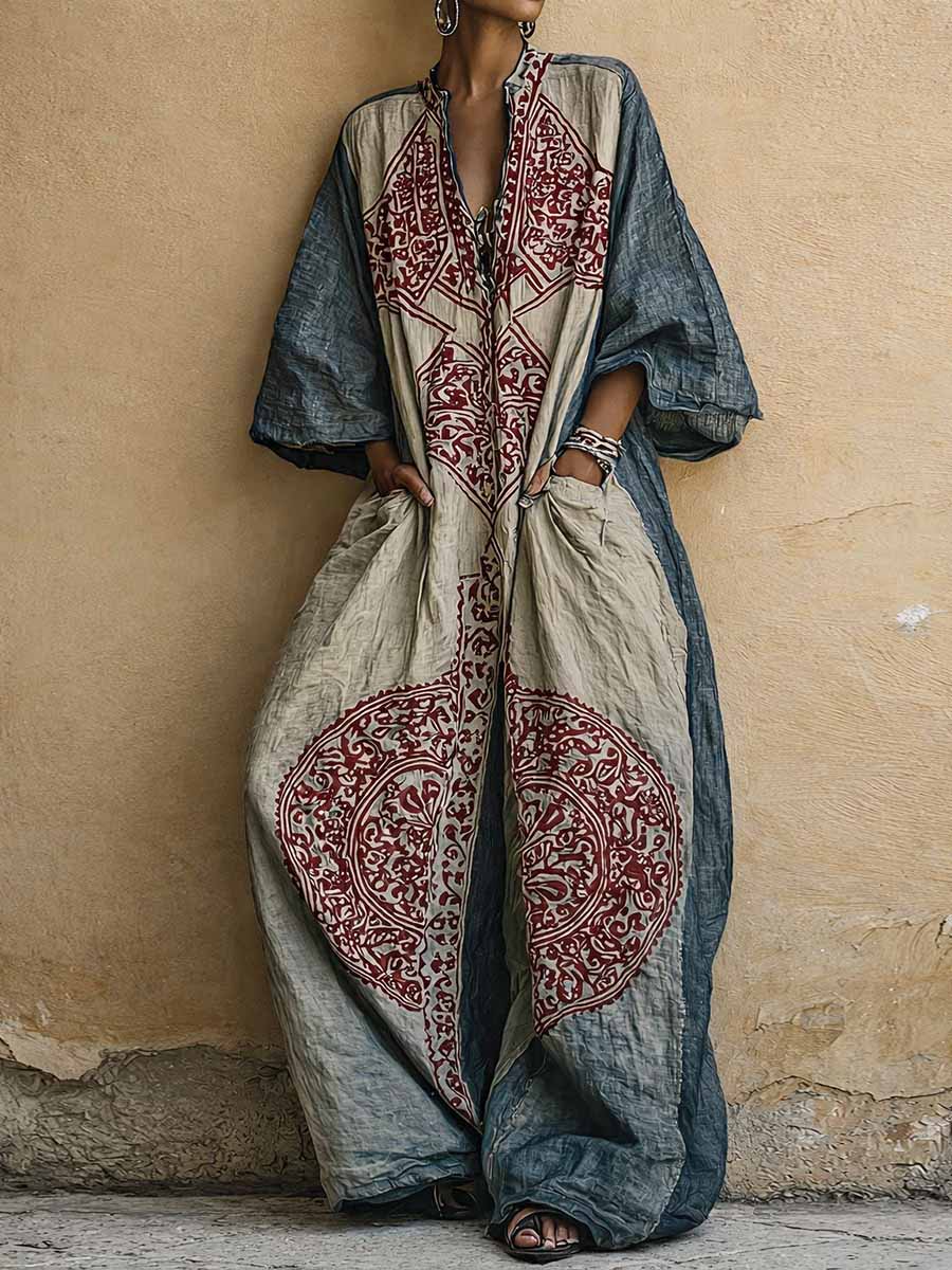Lily - Boho Women's Linen Jumpsuit with Mandala Print and Balloon Sleeves