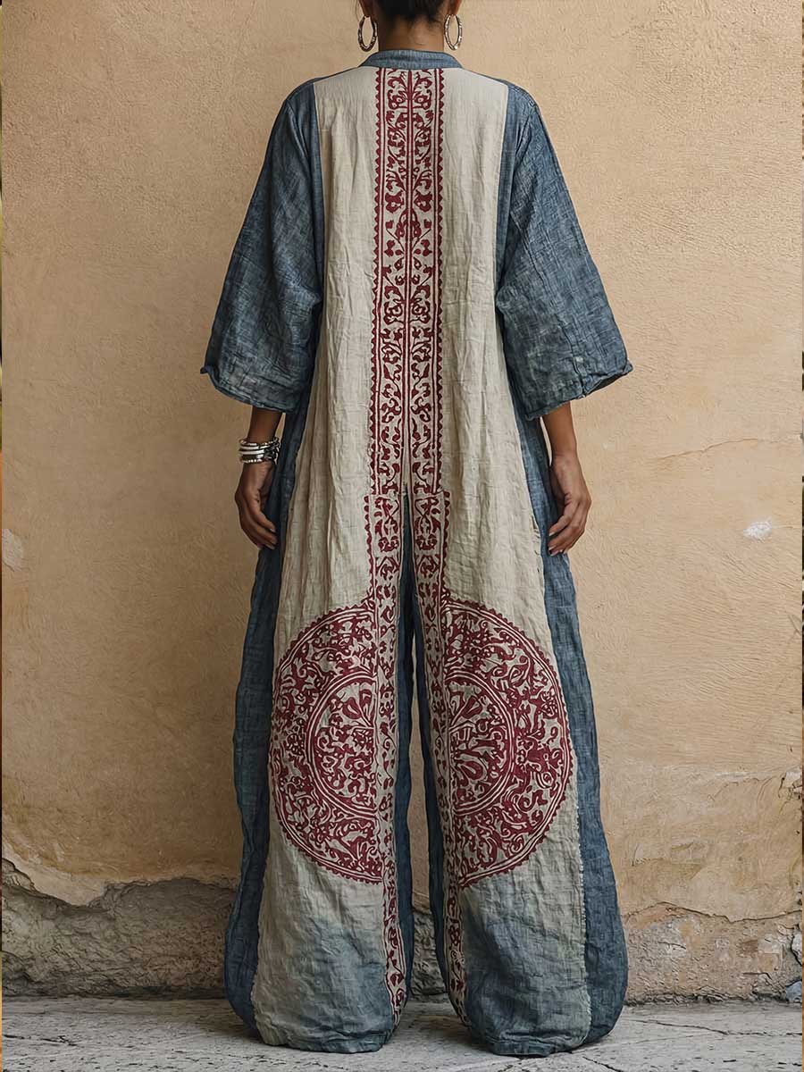 Lily - Boho Women's Linen Jumpsuit with Mandala Print and Balloon Sleeves