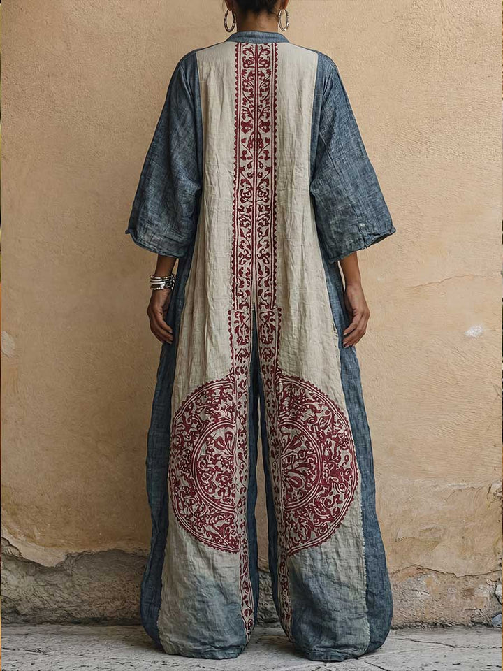 Lily - Boho Women's Linen Jumpsuit with Mandala Print and Balloon Sleeves