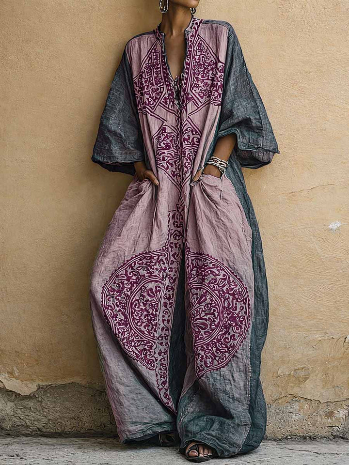 Lily - Boho Women's Linen Jumpsuit with Mandala Print and Balloon Sleeves