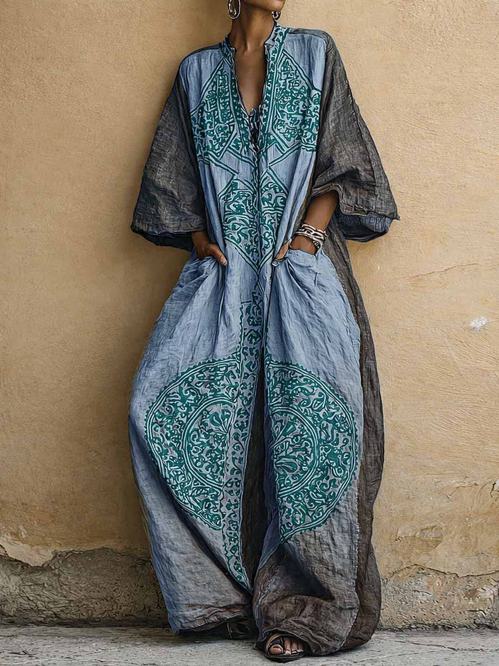 Lily - Boho Women's Linen Jumpsuit with Mandala Print and Balloon Sleeves