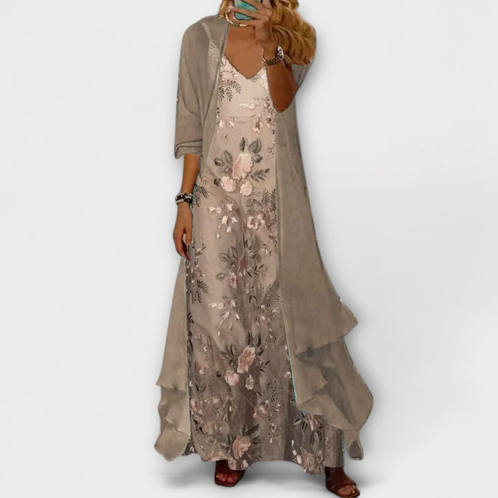Lily - Boho Women's Maxi Dress with V-Neck and Floral Print and Open Cardigan Layer