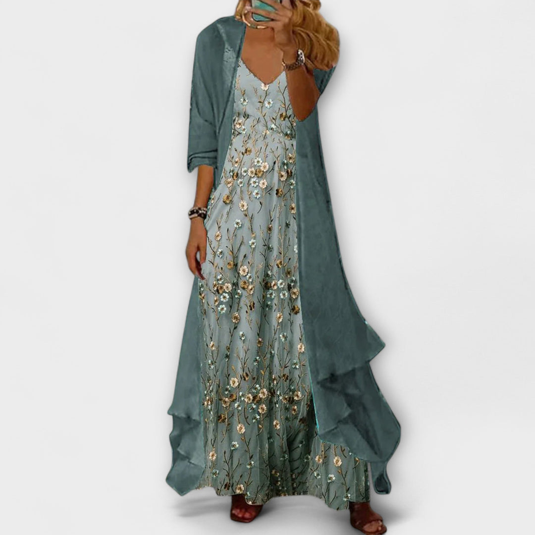 Lily - Boho Women's Maxi Dress with V-Neck and Floral Print and Open Cardigan Layer