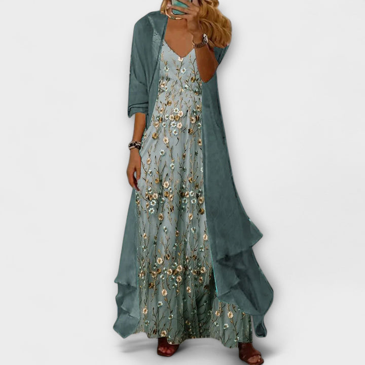 Lily - Boho Women's Maxi Dress with V-Neck and Floral Print and Open Cardigan Layer