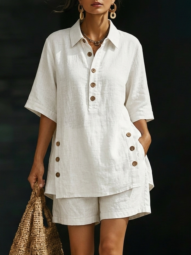 Lily - Casual Women's Linen Summer Set with Collared Tunic Top and Matching Shorts