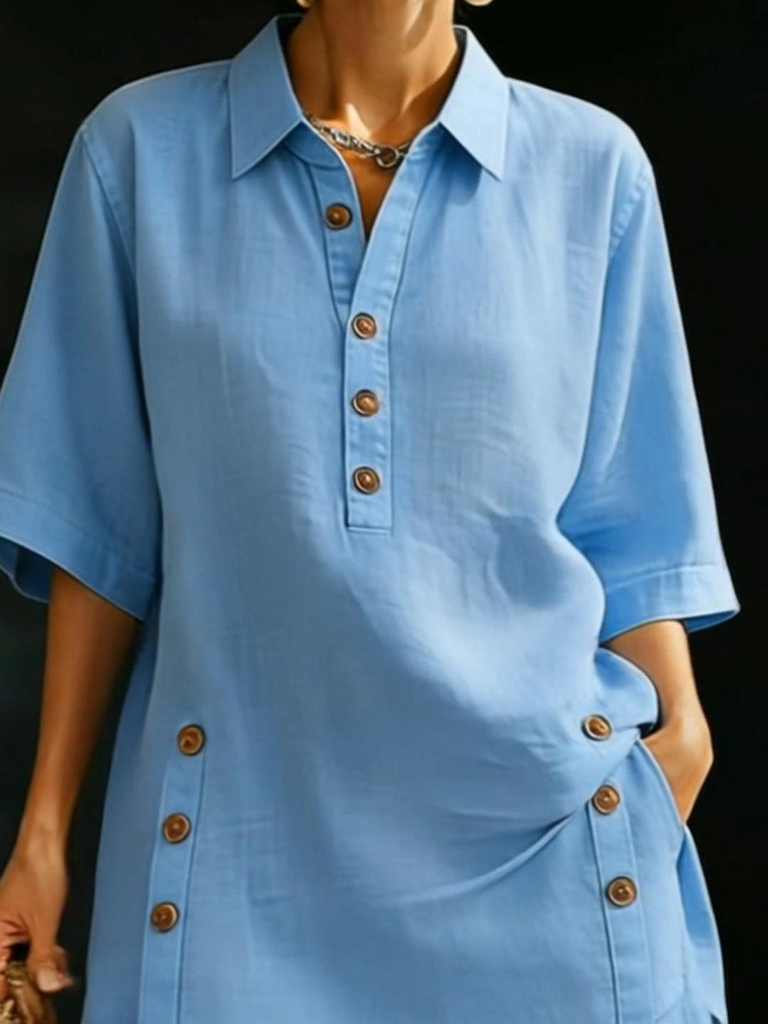 Lily - Casual Women's Linen Summer Set with Collared Tunic Top and Matching Shorts