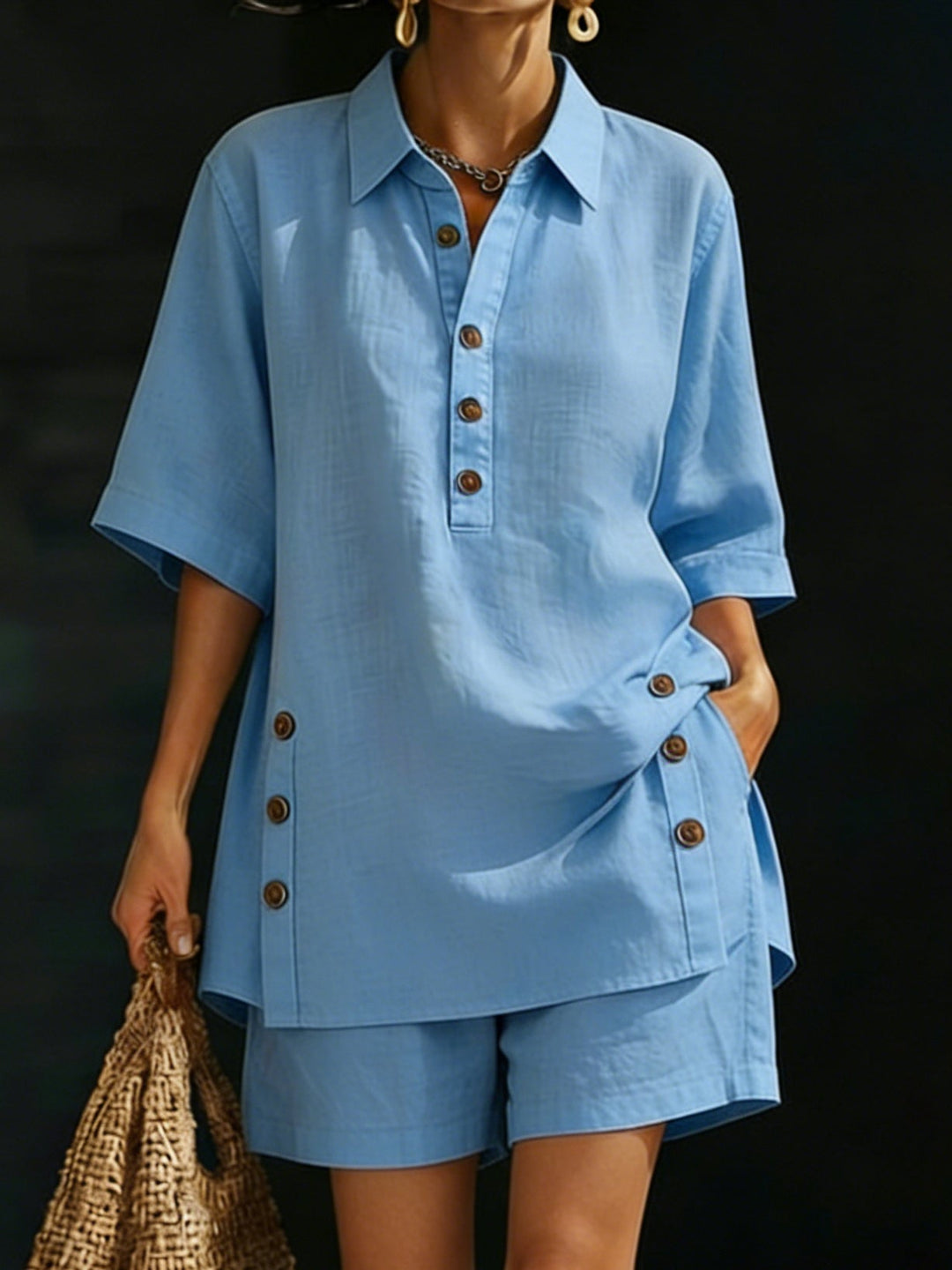 Lily - Casual Women's Linen Summer Set with Collared Tunic Top and Matching Shorts