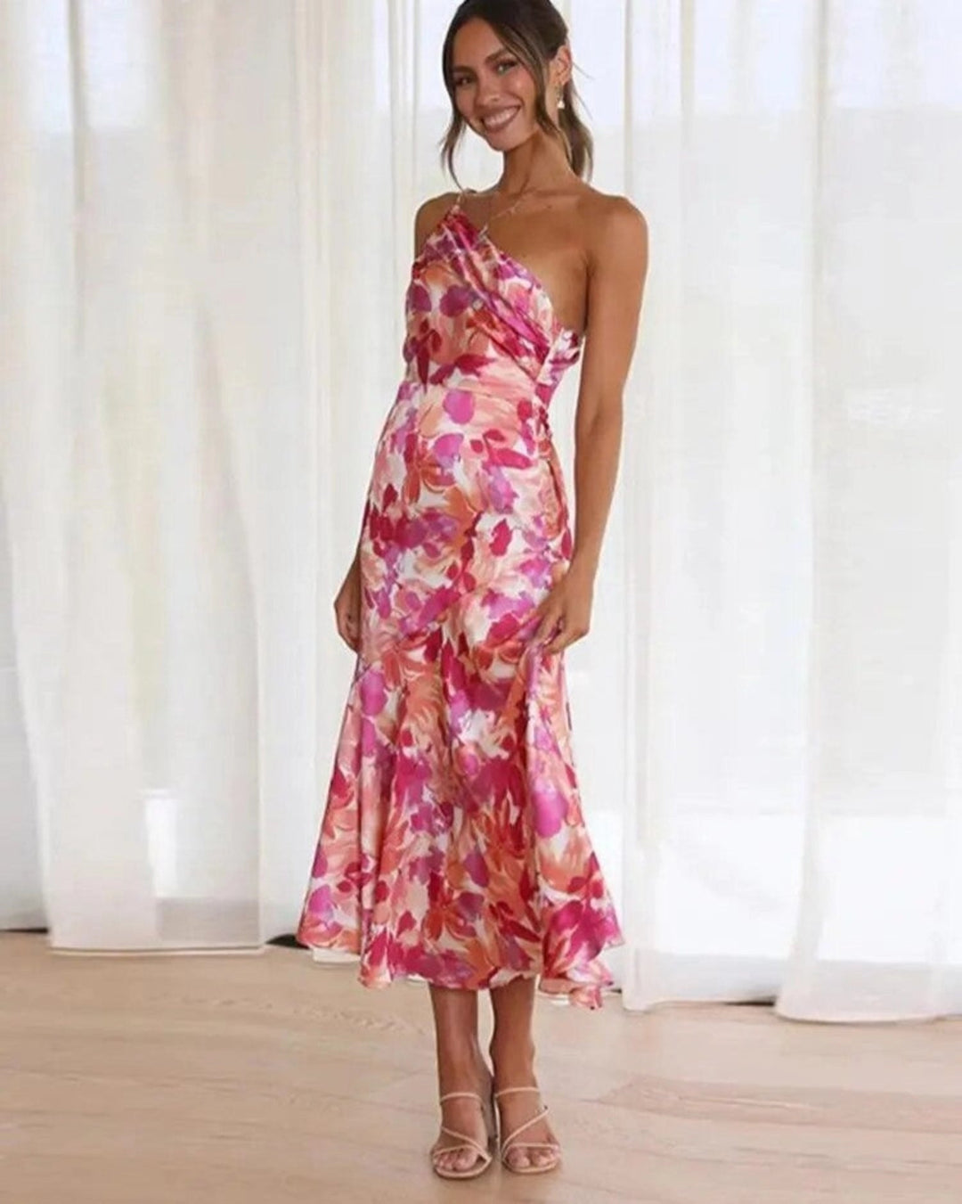 Lily - Chic Women's Wedding Guest Midi Dress with One Shoulder and Floral Print