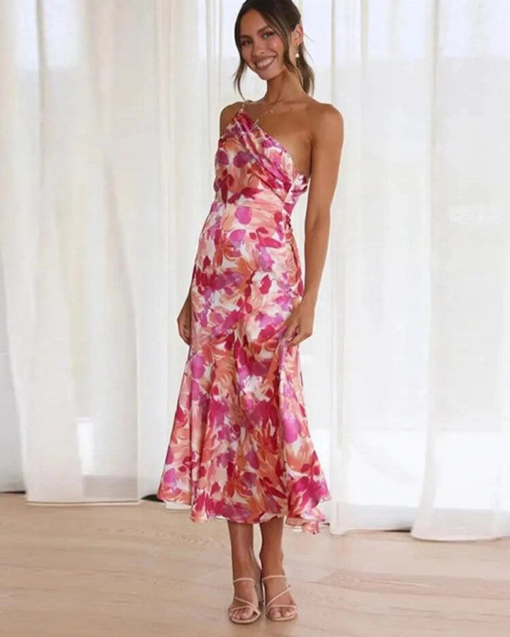 Lily - Chic Women's Wedding Guest Midi Dress with One Shoulder and Floral Print
