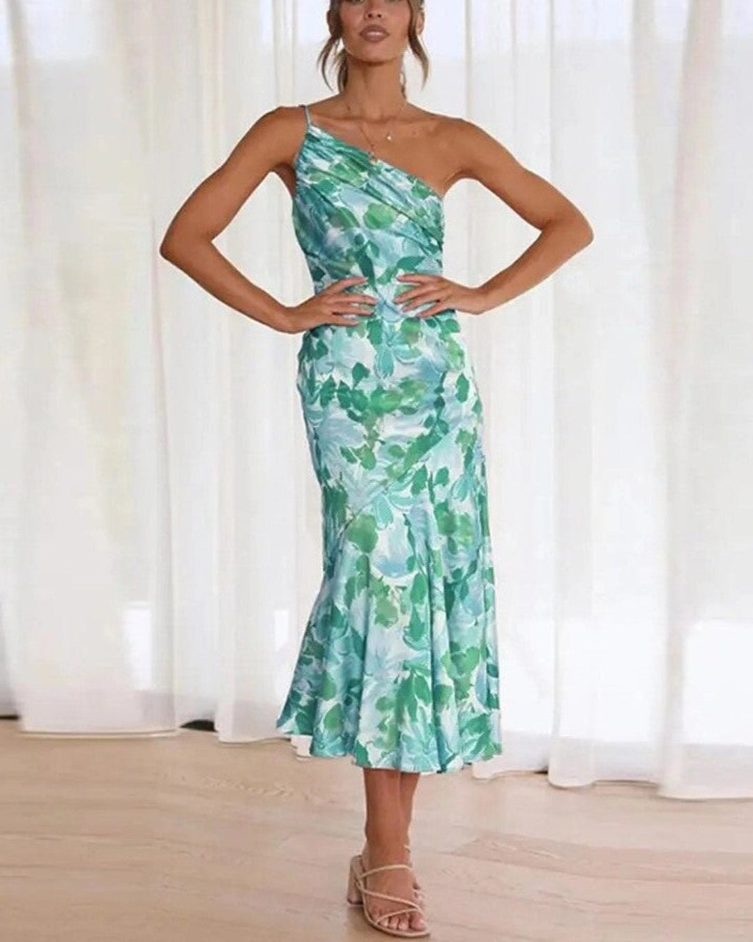 Lily - Chic Women's Wedding Guest Midi Dress with One Shoulder and Floral Print