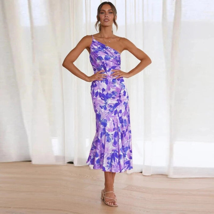 Lily - Chic Women's Wedding Guest Midi Dress with One Shoulder and Floral Print