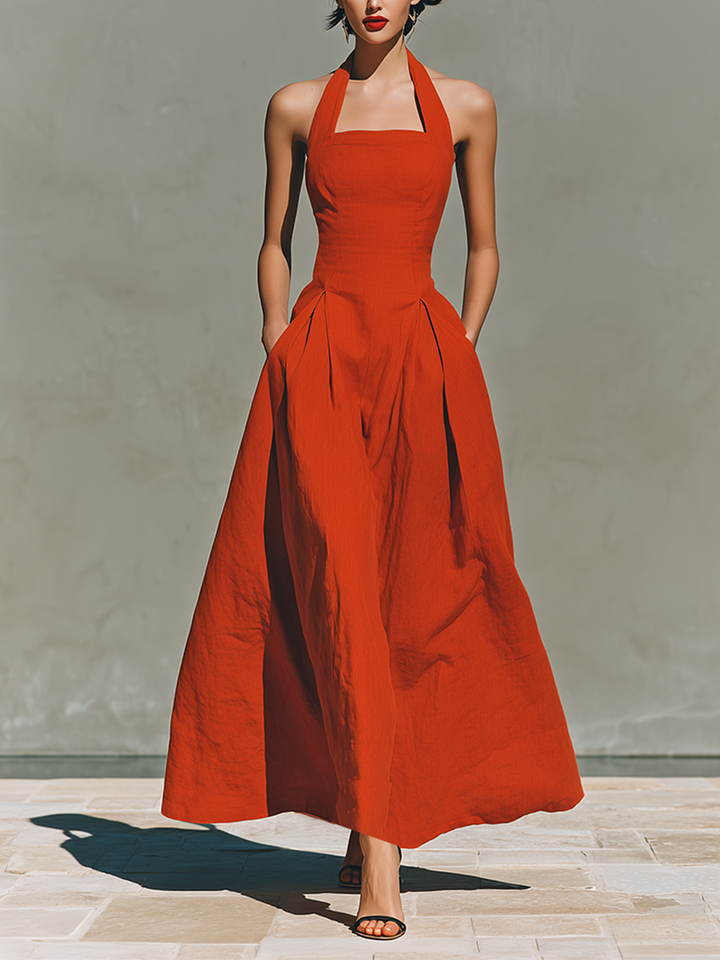 Lily - Elegant Women's Linen Maxi Dress with Halter Neckline and Pleated Skirt