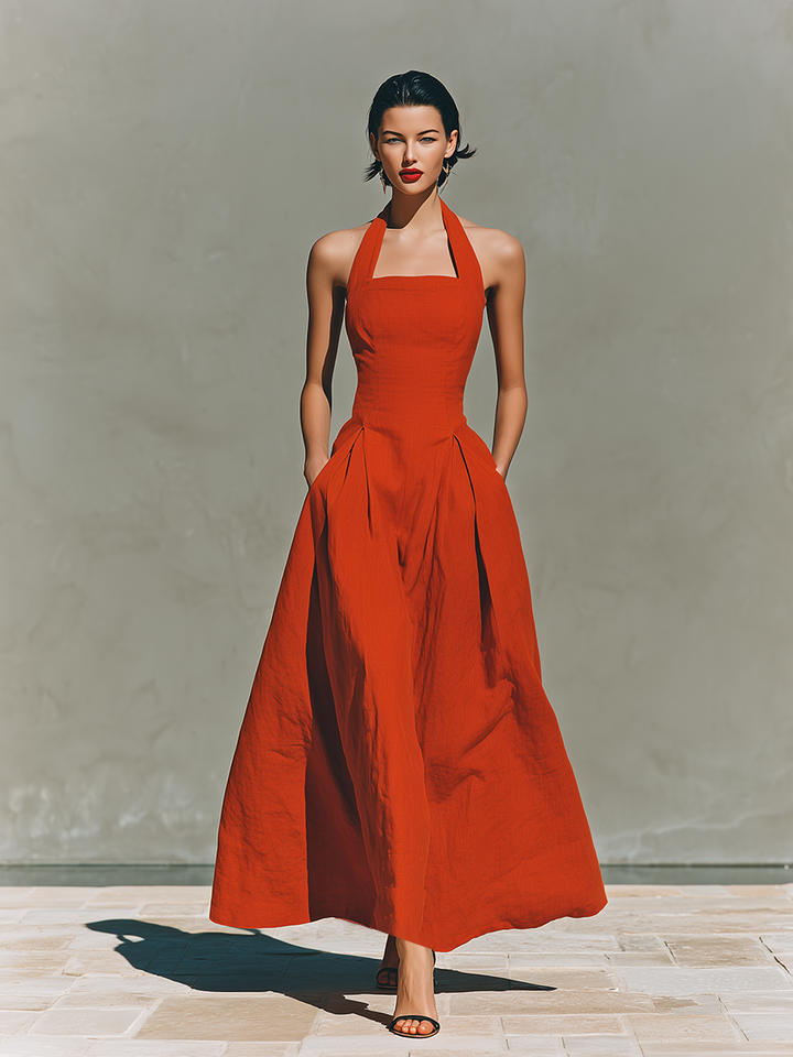 Lily - Elegant Women's Linen Maxi Dress with Halter Neckline and Pleated Skirt