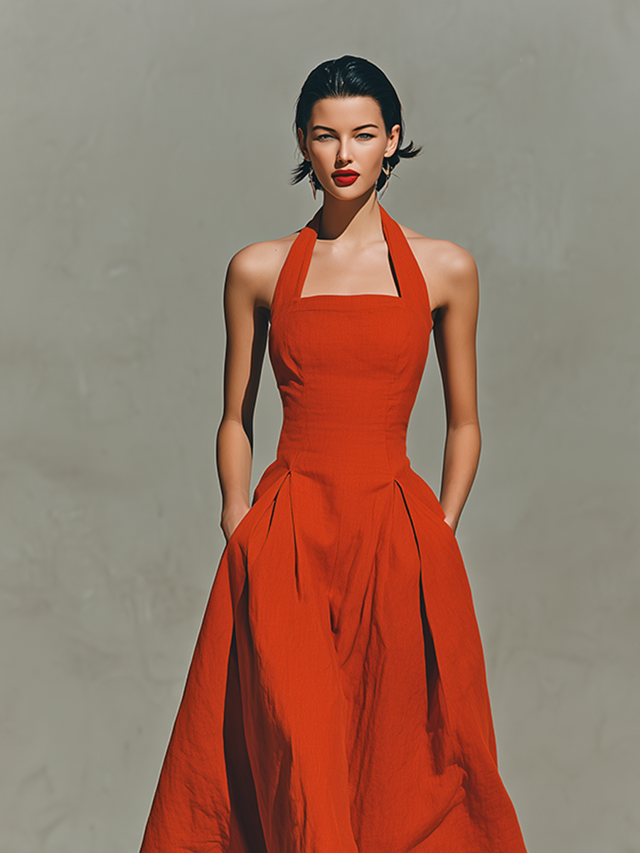 Lily - Elegant Women's Linen Maxi Dress with Halter Neckline and Pleated Skirt