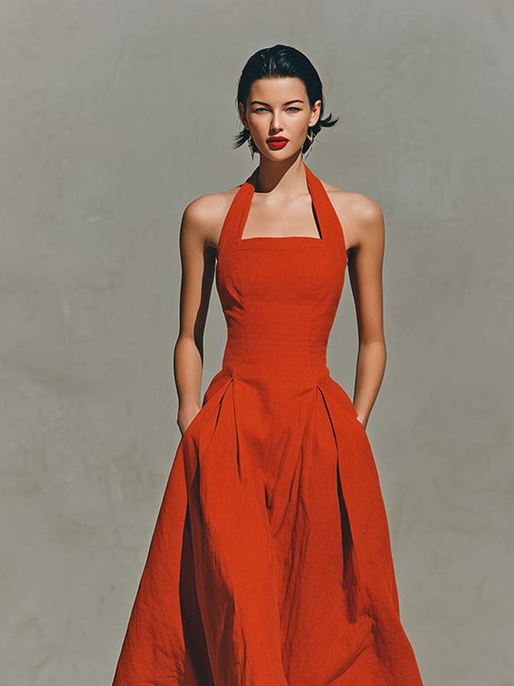 Lily - Elegant Women's Linen Maxi Dress with Halter Neckline and Pleated Skirt