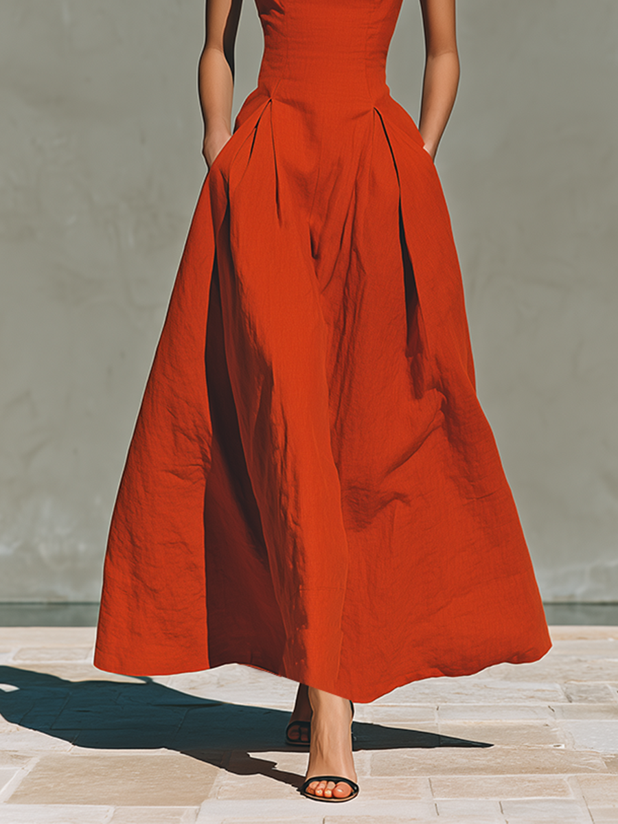 Lily - Elegant Women's Linen Maxi Dress with Halter Neckline and Pleated Skirt