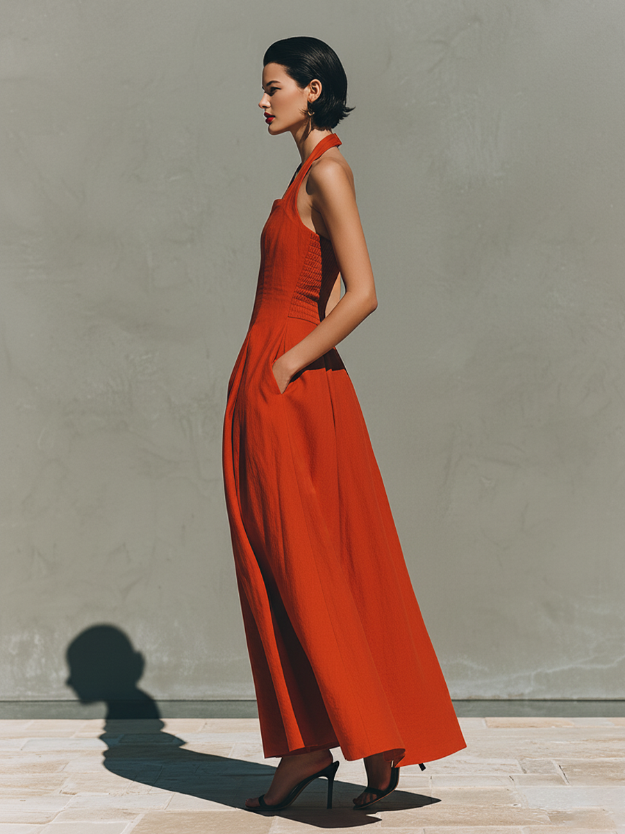 Lily - Elegant Women's Linen Maxi Dress with Halter Neckline and Pleated Skirt
