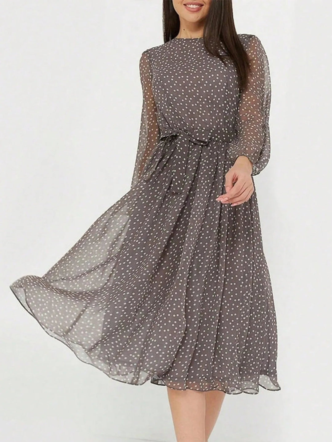 Lily - Elegant Women's Wedding Guest Midi Dress with High Neck, Long Sleeves and Spot Print