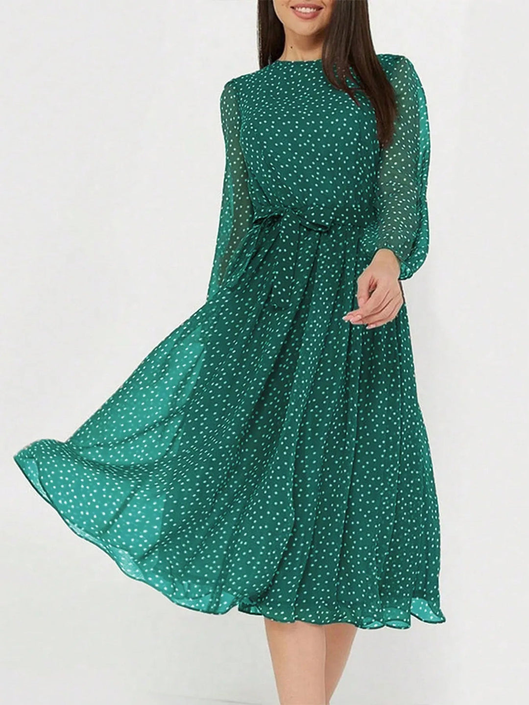 Lily - Elegant Women's Wedding Guest Midi Dress with High Neck, Long Sleeves and Spot Print