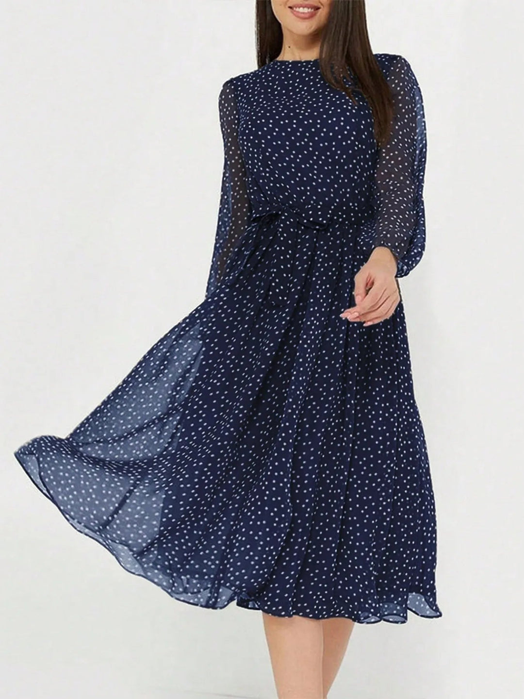 Lily - Elegant Women's Wedding Guest Midi Dress with High Neck, Long Sleeves and Spot Print