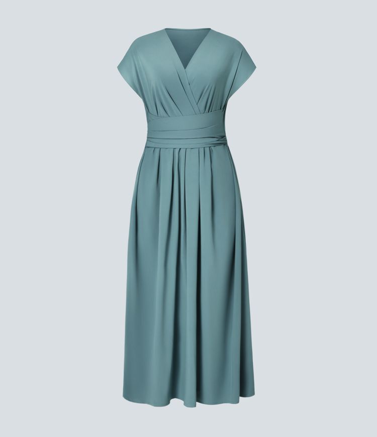 Lily - Flowy Women's Wedding Guest Dress with Wrap Bodice and Pleated Midi Skirt