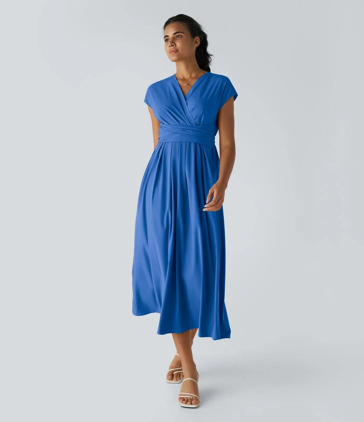 Lily - Flowy Women's Wedding Guest Dress with Wrap Bodice and Pleated Midi Skirt