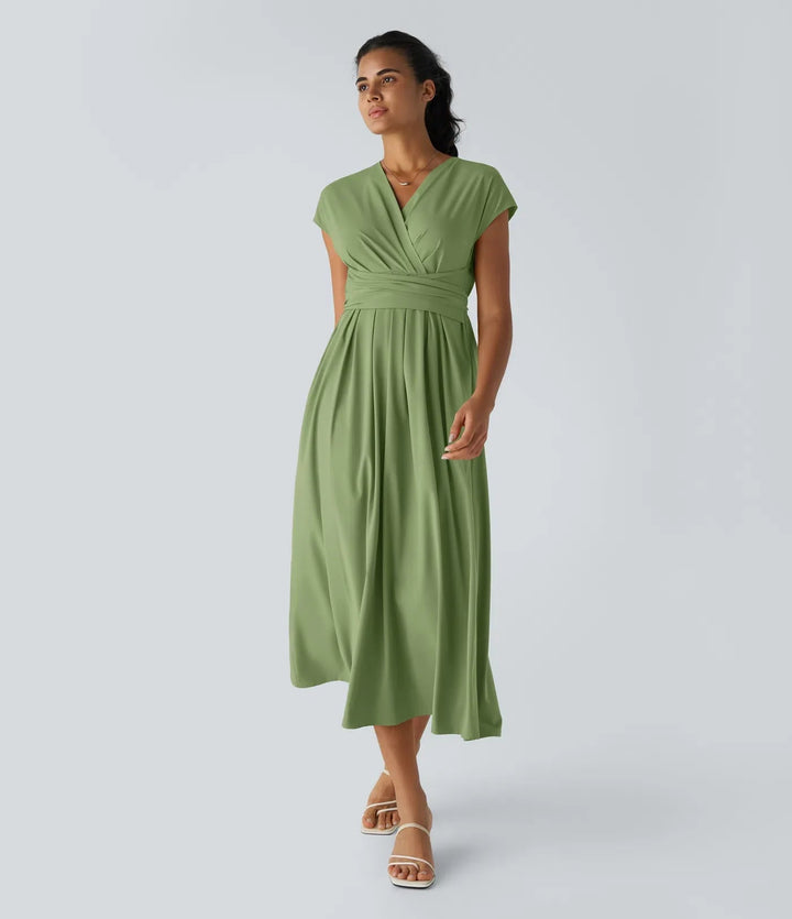 Lily - Flowy Women's Wedding Guest Dress with Wrap Bodice and Pleated Midi Skirt