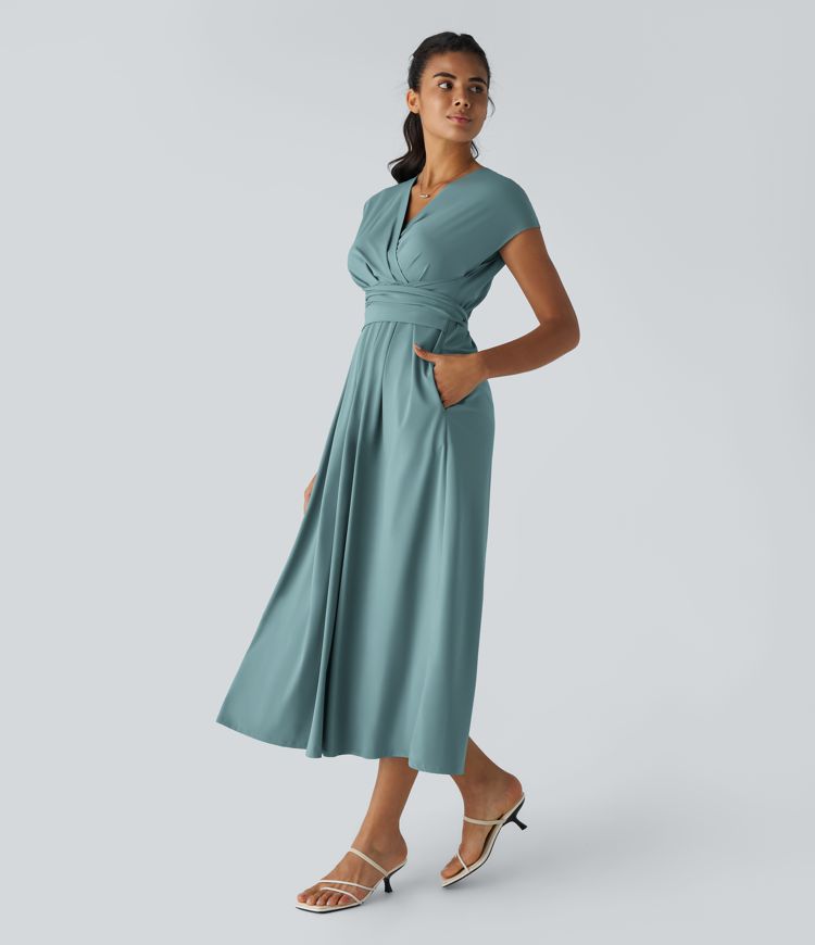 Lily - Flowy Women's Wedding Guest Dress with Wrap Bodice and Pleated Midi Skirt