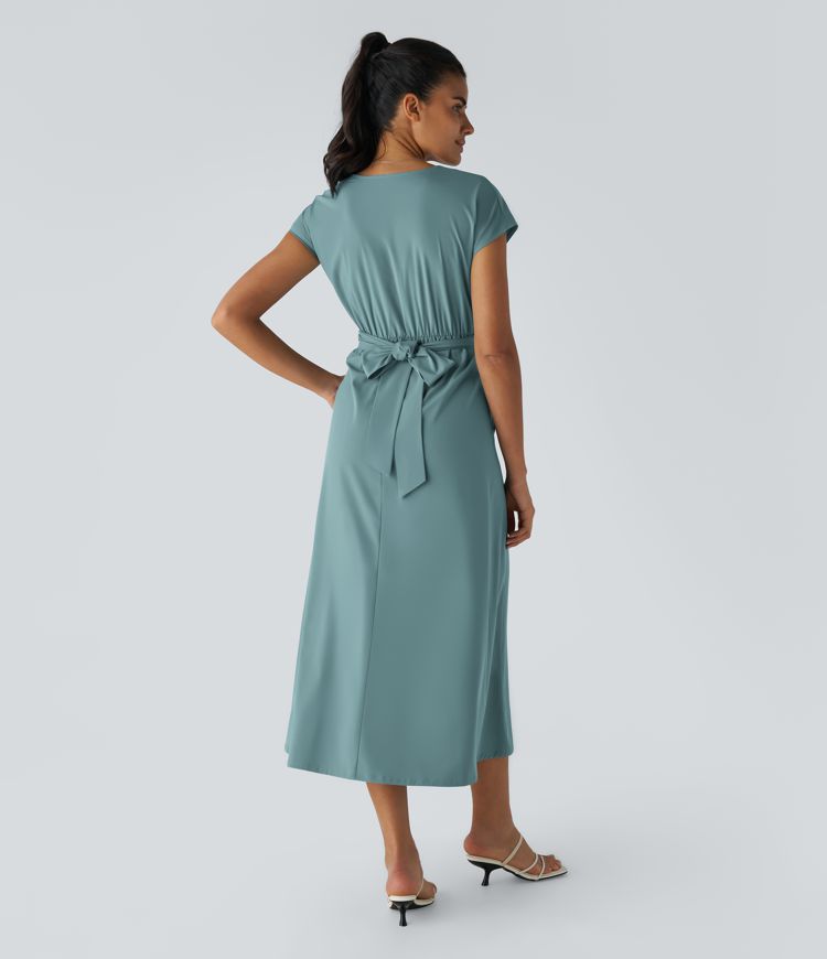 Lily - Flowy Women's Wedding Guest Dress with Wrap Bodice and Pleated Midi Skirt