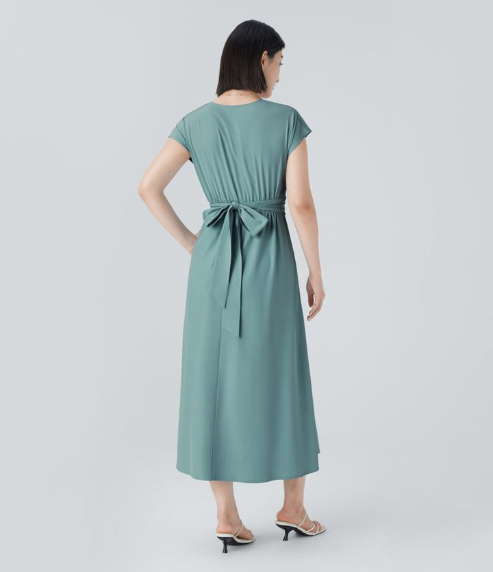 Lily - Flowy Women's Wedding Guest Dress with Wrap Bodice and Pleated Midi Skirt