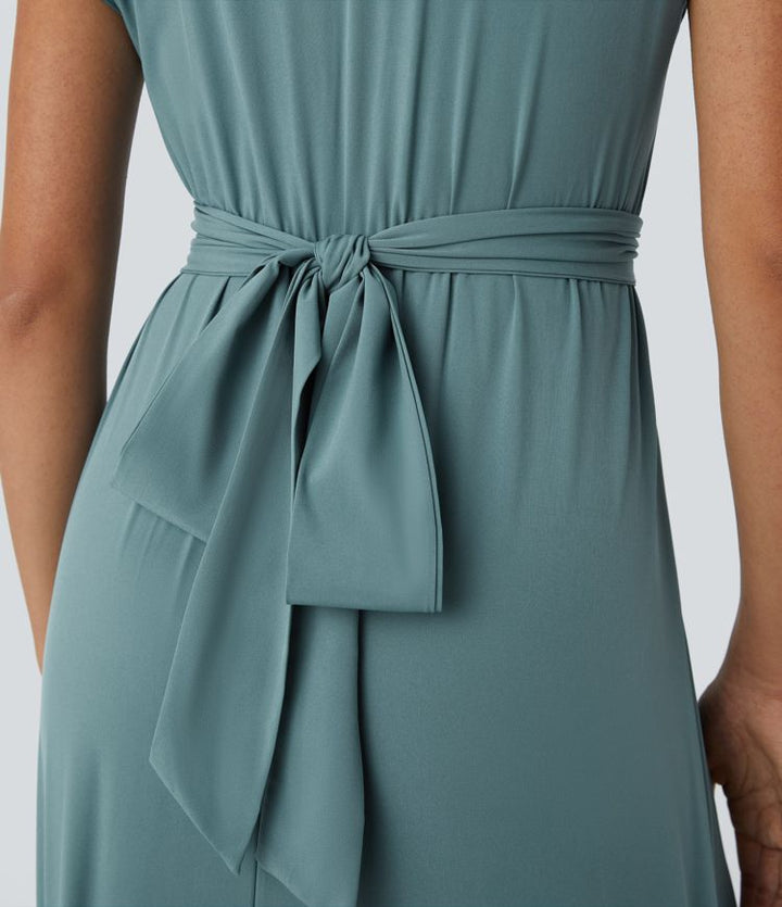 Lily - Flowy Women's Wedding Guest Dress with Wrap Bodice and Pleated Midi Skirt