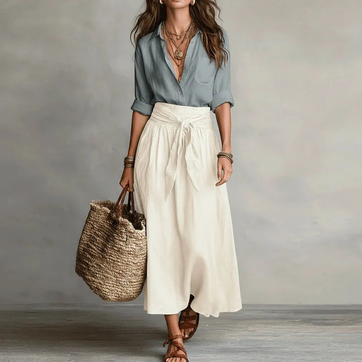 Lucy - Vintage Women's Linen Co-ord Set with Tie Waist and Button-Down Shirt
