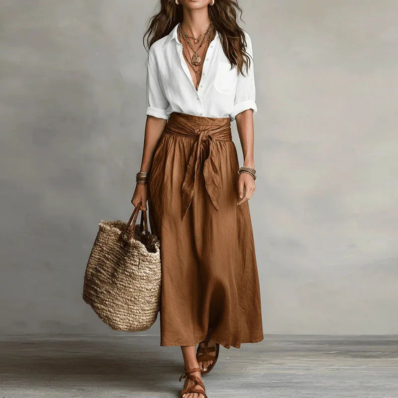 Lucy - Vintage Women's Linen Co-ord Set with Tie Waist and Button-Down Shirt