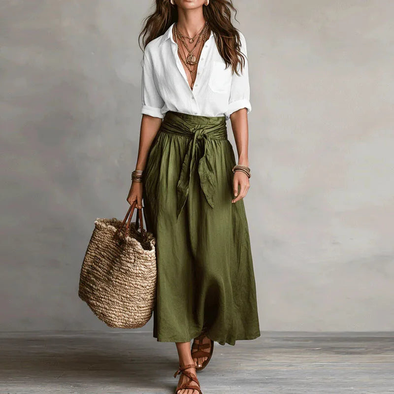 Lucy - Vintage Women's Linen Co-ord Set with Tie Waist and Button-Down Shirt