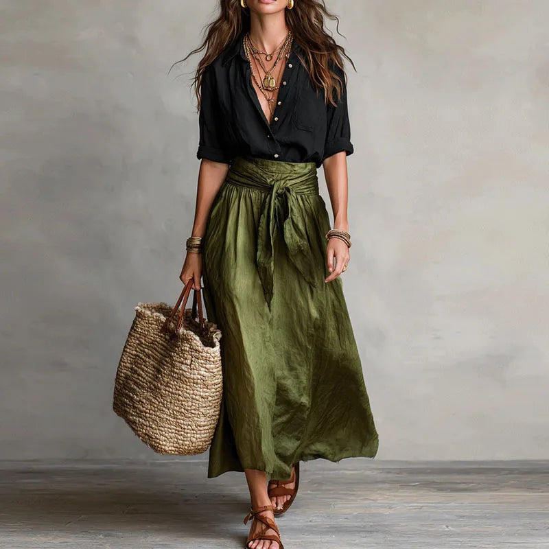 Lucy - Vintage Women's Linen Co-ord Set with Tie Waist and Button-Down Shirt