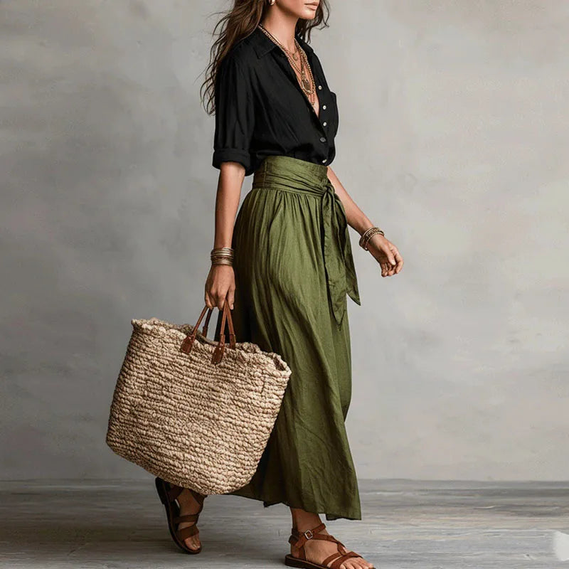 Lucy - Vintage Women's Linen Co-ord Set with Tie Waist and Button-Down Shirt