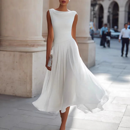 Lucy - Women's elegant midi party dress with cowl neck and pleated hem
