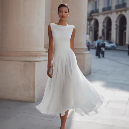 Lucy - Women's elegant midi party dress with cowl neck and pleated hem