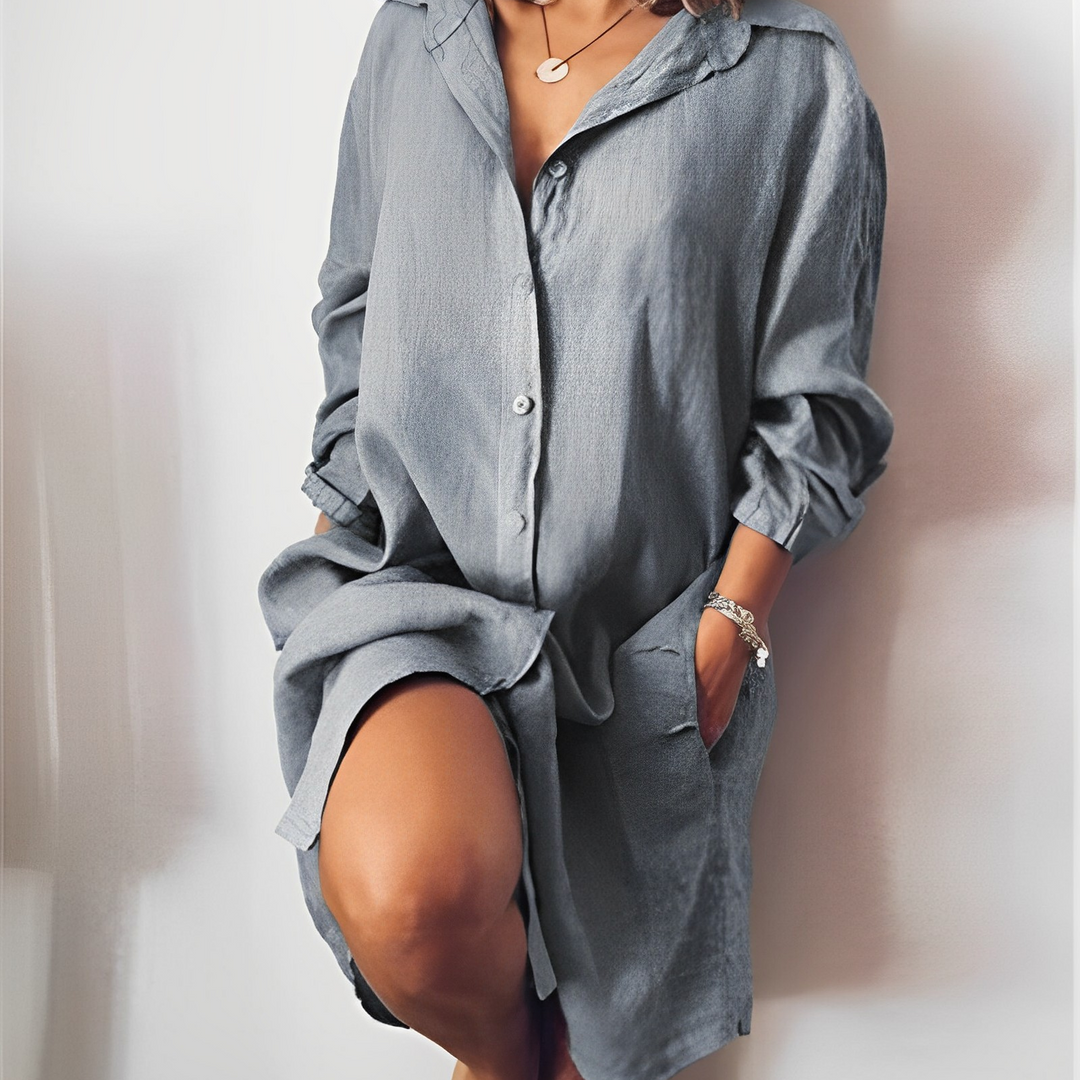 Maisie - Casual Women's Summer Mini Dress with Collar and Long Sleeves and Pockets