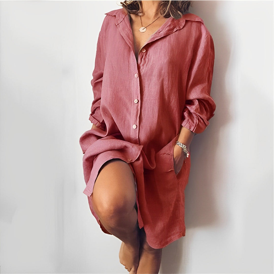 Maisie - Casual Women's Summer Mini Dress with Collar and Long Sleeves and Pockets