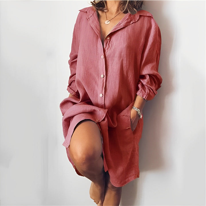 Maisie - Casual Women's Summer Mini Dress with Collar and Long Sleeves and Pockets