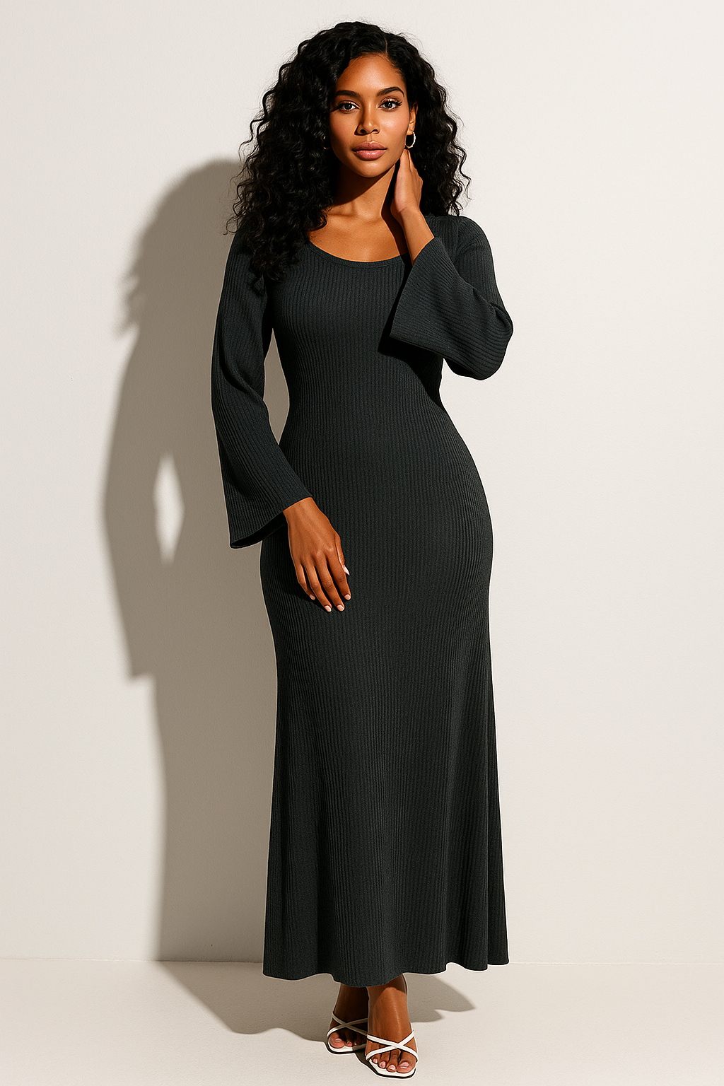Maisie - Women's rib knit maxi dress with long sleeve and scoop neck