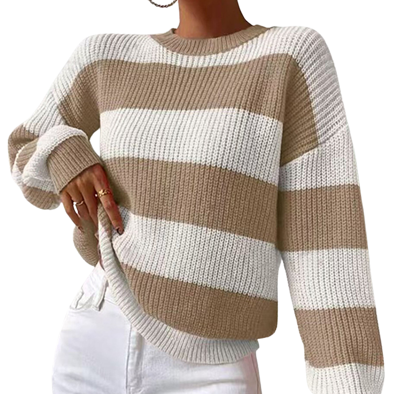 Maisie - Women’s warm striped rib knit crew neck jumper with drop shoulder