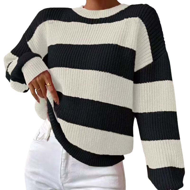 Maisie - Women’s warm striped rib knit crew neck jumper with drop shoulder