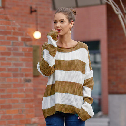 Maisie - Women’s warm striped rib knit crew neck jumper with drop shoulder